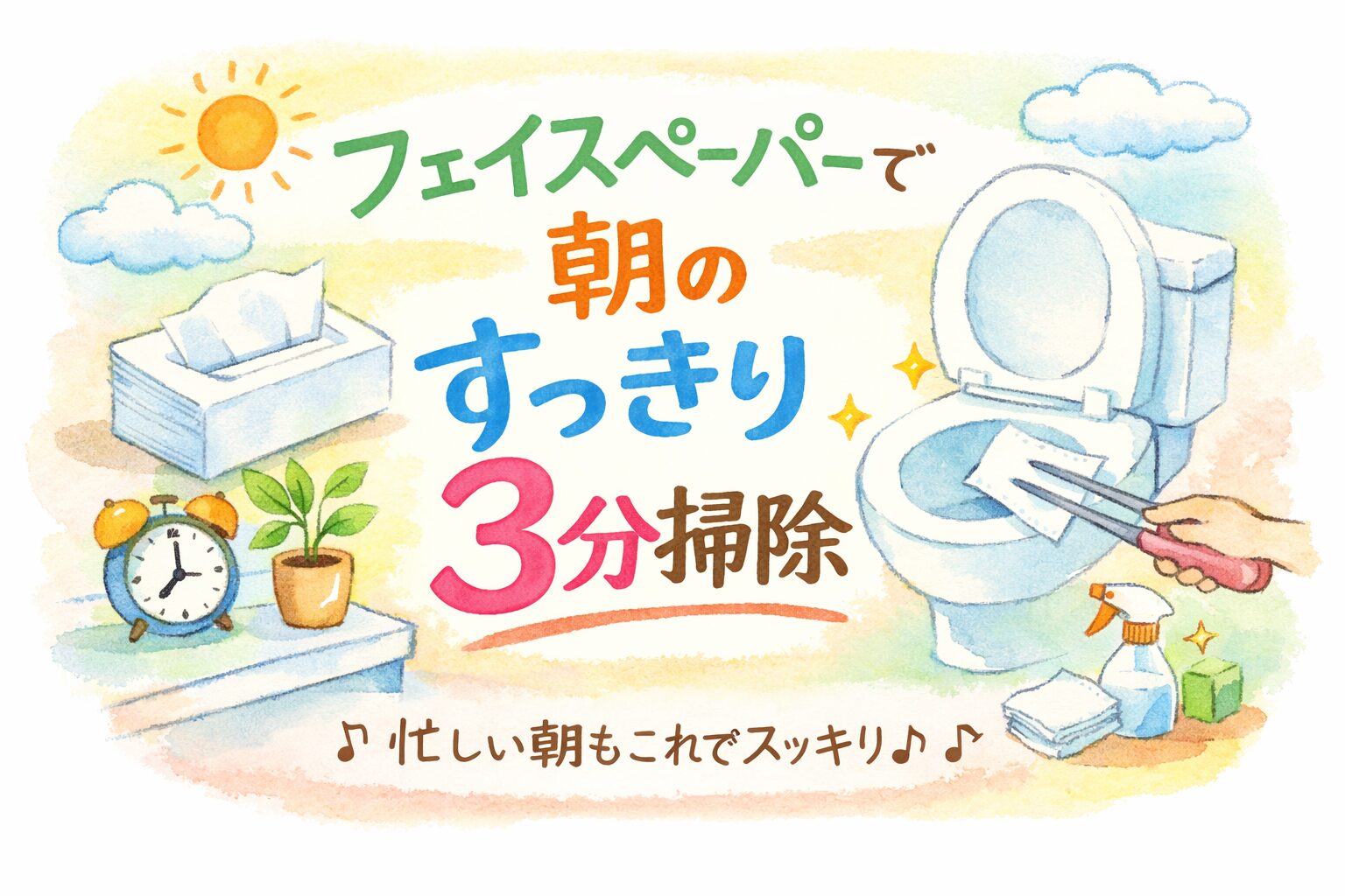 フェイスペーパーで朝のすっきり3分掃除をイメージした水彩風イラスト。洗面所やトイレをフェイスペーパーで軽く掃除する様子と、朝の明るい雰囲気を描いたやさしい手描きタッチのアイキャッチ画像。