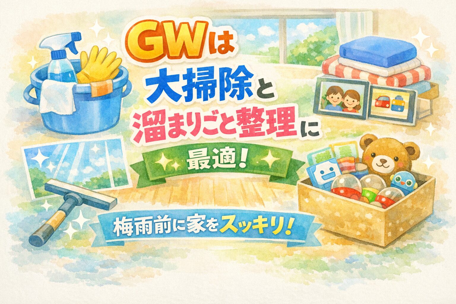 GWは大掃除と溜まりごと整理に最適！」と書かれた水彩風イラスト。掃除道具のバケツや手袋、写真アルバムやおもちゃ箱が描かれ、梅雨前に家をすっきり整えるイメージ。
