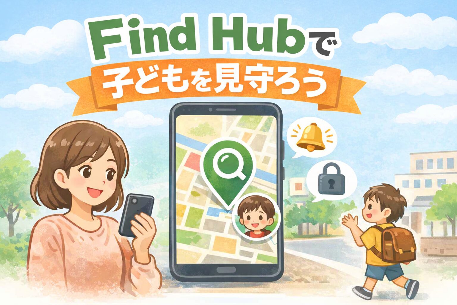 母親がスマホでFind Hubを確認し、登校する子どもの位置を地図で見守っているイラスト。