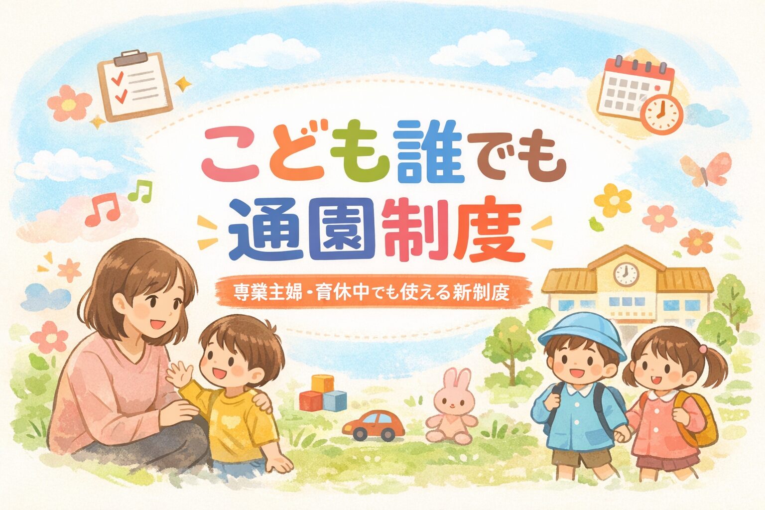 こども誰でも通園制度を紹介するアイキャッチ。専業主婦や育休中でも使える保育支援制度をやさしく説明するイラスト。
