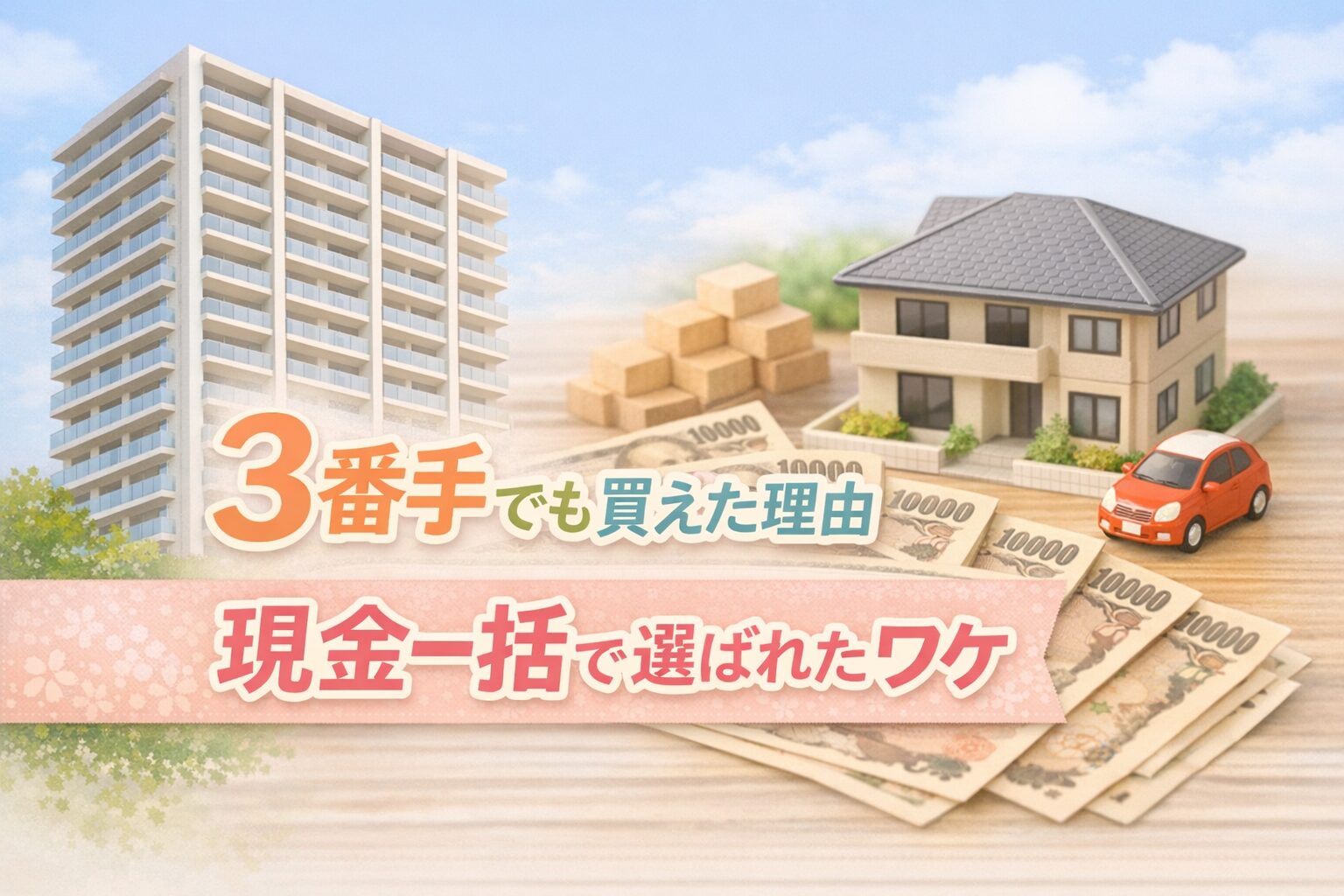 3番手からマンション購入につながった理由を解説する記事のアイキャッチ。マンションの写真と家の模型、現金のイメージを組み合わせたやさしい雰囲気のデザイン。