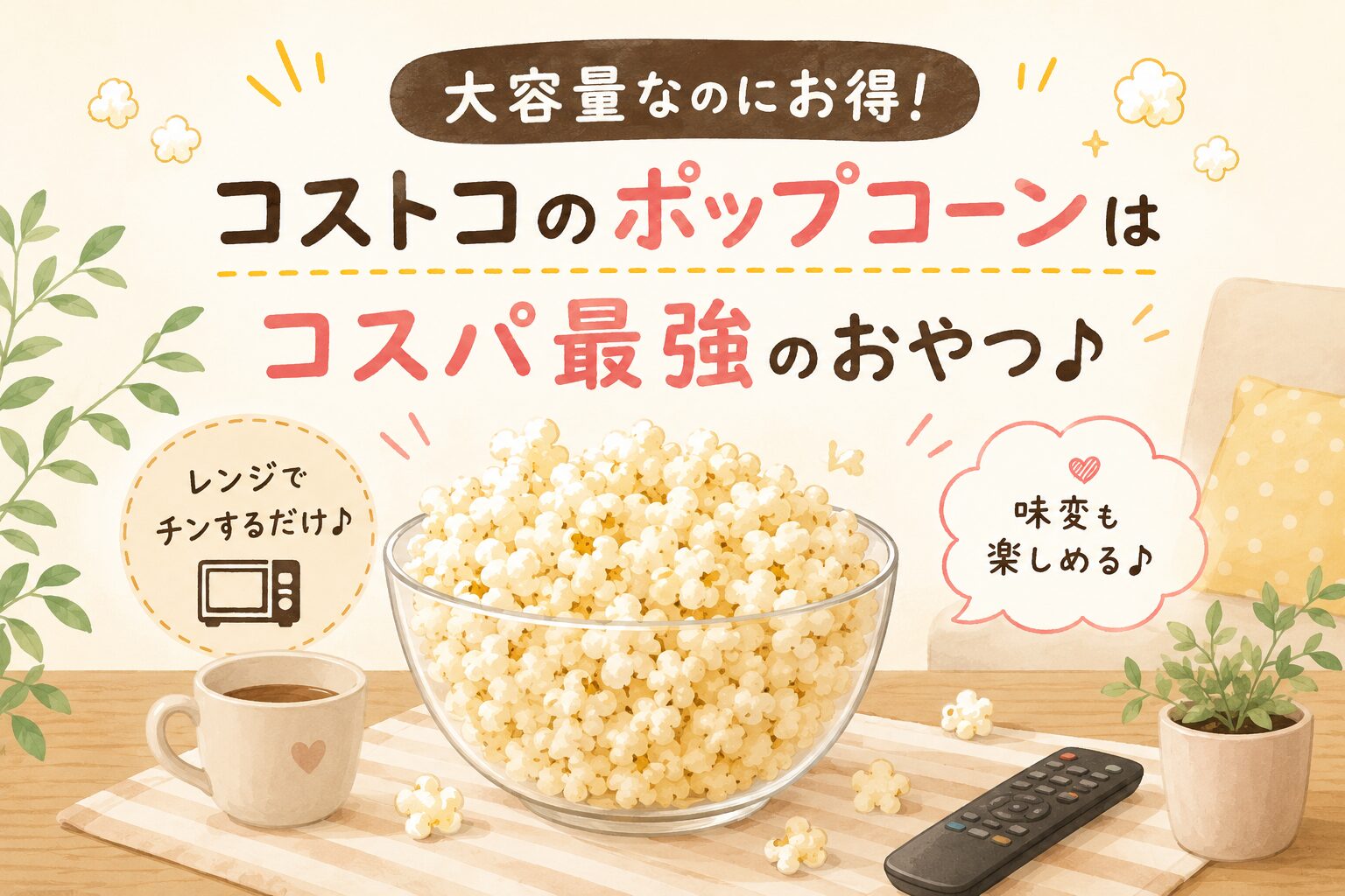 コストコのポップコーンとコーヒーが並ぶテーブルの写真。大容量でコスパが良いおやつとして紹介されているイメージ画像。