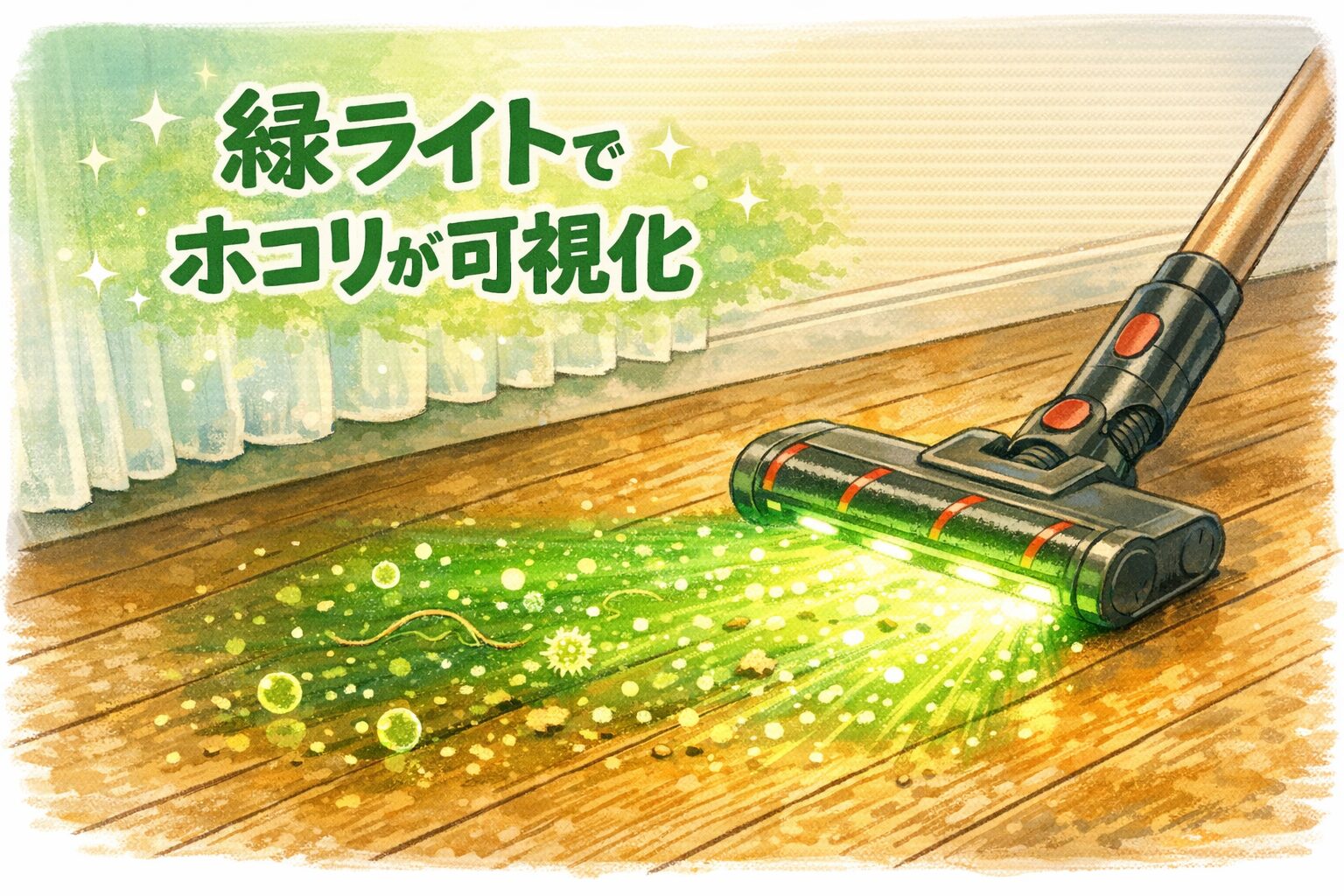 掃除機のヘッドから緑ライトが広がり、フローリングのホコリや髪の毛が可視化されている様子を描いたイラスト。