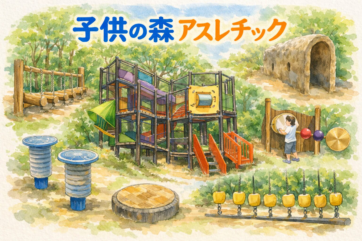 須磨離宮公園・子供の森アスレチックの遊具を水彩タッチで描いたイラスト。大型遊具を中心に、丸太橋やバランス台、吊り下げステップなどの遊具がちりばめられている。