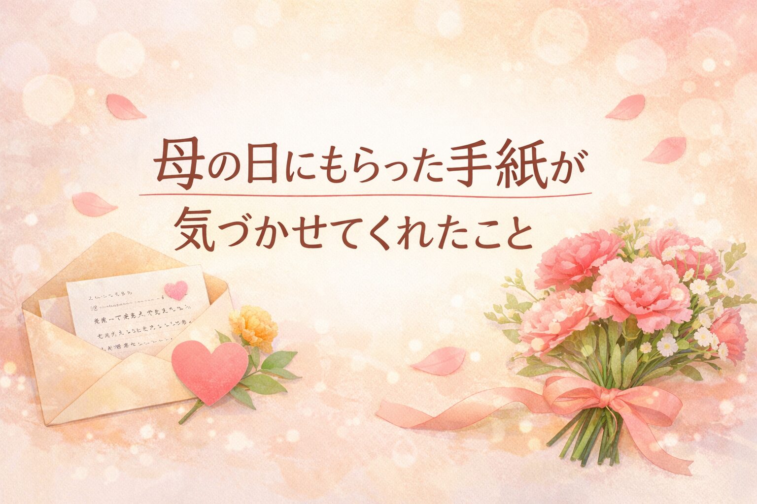 母の日にもらった子どもたちの手紙とカーネーションの花束が並ぶ画像。やさしい色合いの背景に「母の日にもらった手紙が気づかせてくれたこと」というタイトルが書かれている。